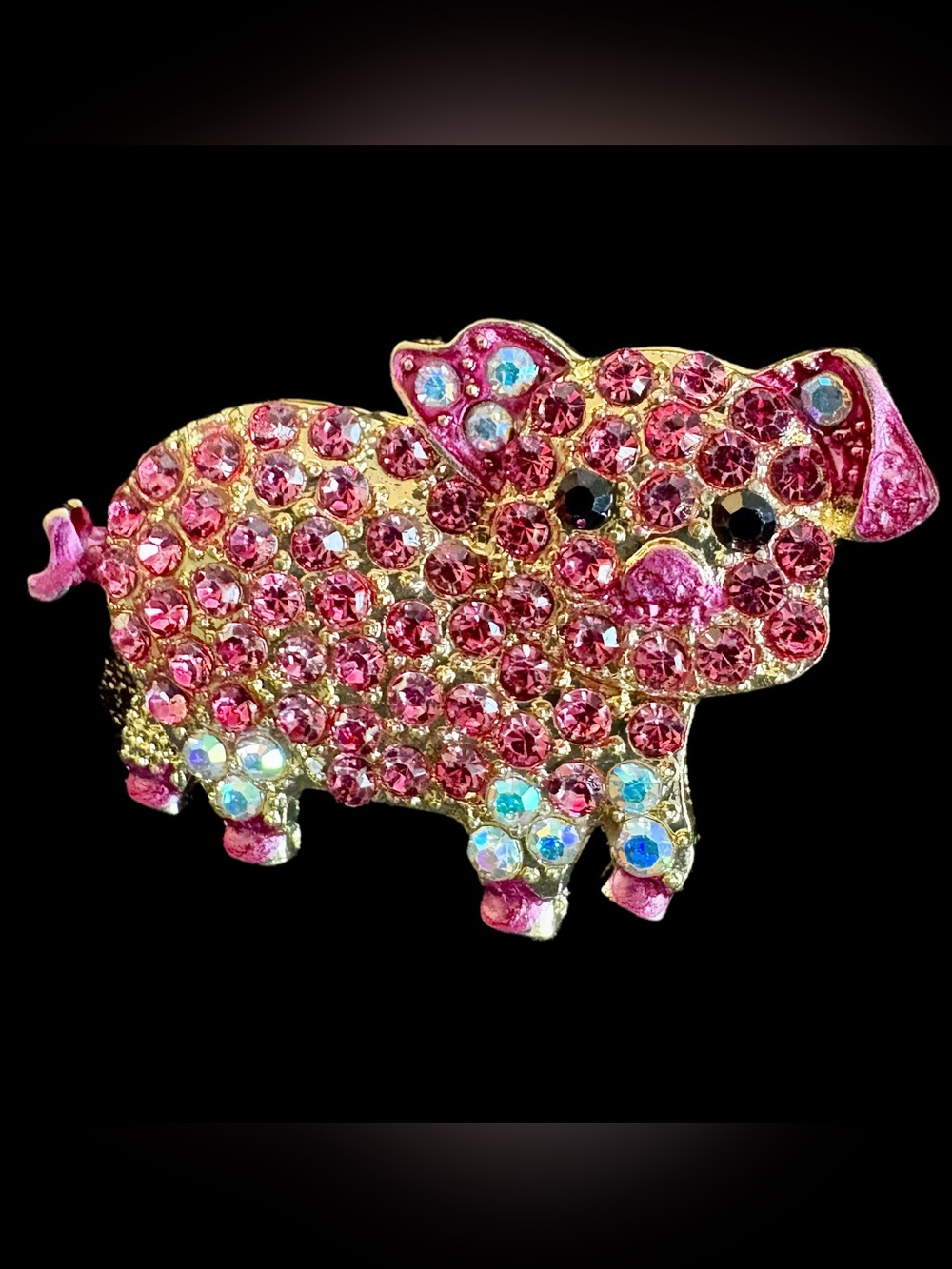 Mr Oink Oink - Pink Rhinestone Pig Brooch Pin - Gold Tone